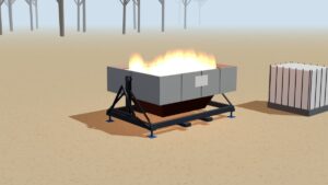 Recreación 3D de un horno de biochar de cortina de llama en funcionamiento en un claro de pinar
