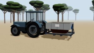 Recreación 3D del horno de biochar colgado del tripuntal trasero de un tractor en un pinar